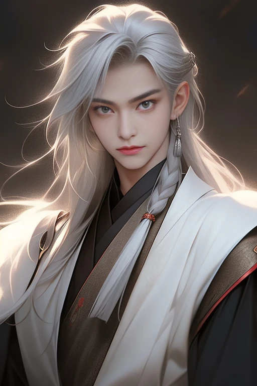 photorealistic, realistic, photography, masterpiece, best quality, ultra-detailed, gentle, 1boy, solo, long hair, chinese clothes, silver hair, 