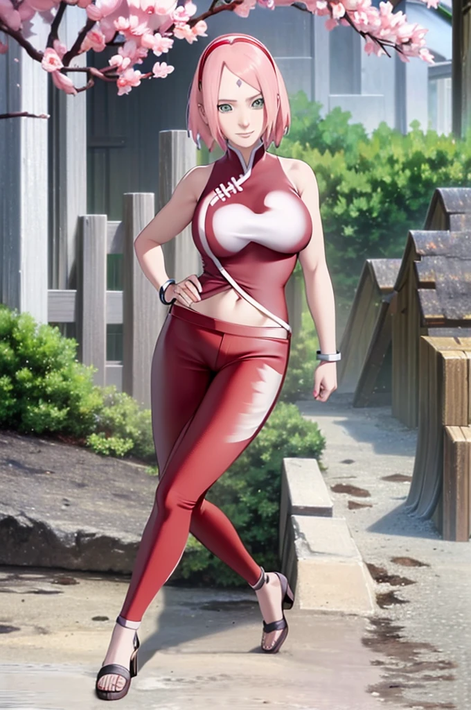 Realistic, Photorealistic,cowboy shot,masterpiece, absurdres ,1girl, haruno sakura, forehead mark, red hairband, red sleeveless dress, white pants, navel, groin, bracelet, looking at viewer, smile, cherry blossoms, private garden, wind, floating hair, large breast ,(((wide hips))), toned body, detailed eyes, 