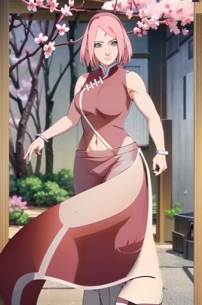 Realistic, Photorealistic,cowboy shot,masterpiece, absurdres ,1girl, haruno sakura, forehead mark, red hairband, red sleeveless dress, white pants, navel, groin, bracelet, looking at viewer, smile, cherry blossoms, private garden, wind, floating hair, large breast ,(((wide hips))), toned body, detailed eyes,