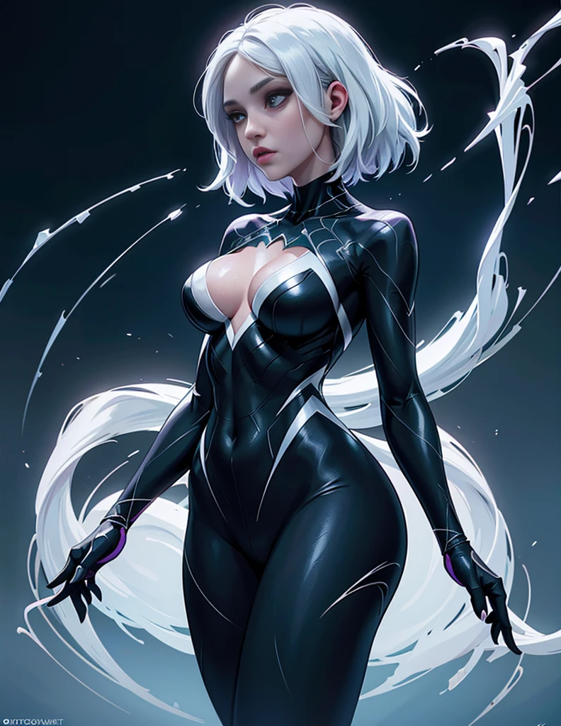 Ghost Spider, Gwen in a black costume with a white spider in the center of her chest, organic looking outfit, Fine art, ,Highly detailed cinematic rendering, ultra photorealistic raytricing, With cinematic lighting、Jessica Alba