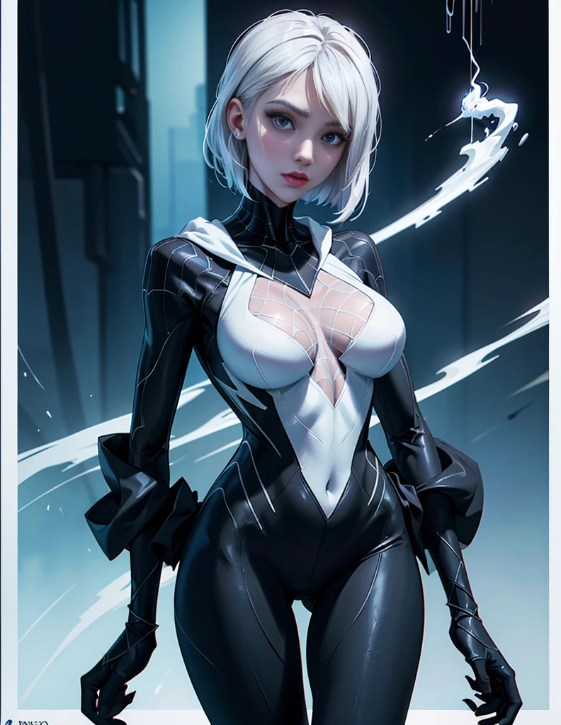 Ghost Spider, Gwen in a black costume with a white spider in the center of her chest, organic looking outfit, Fine art, ,Highly detailed cinematic rendering, ultra photorealistic raytricing, With cinematic lighting、Jessica Alba