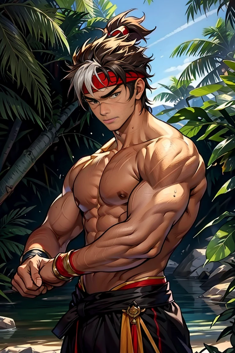 (Masterpiece, Best quality 16 year old boy，Shota), solo, Young, boy, Dark Short hair, full bodyesbian, Shirtless, babyface, topless, green headband, Vivid colors,(Depth of field:1.2),(Abs), view the viewer, black wristband, closed mouth, serious, topless male, pale tanned skin with tight muscler body, Man with martial arts stance, epic kung fu pose,