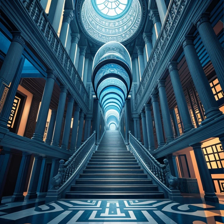 very detailed、masterpiece、highest quality、escher style、labyrinth、multiple paths、divergent story、escher style、complex lines、fantastic perspective、Bright colors、contrasted colors、maze、bright lighting、Mysterious world