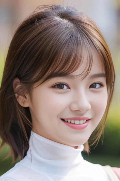 best quality, masterpiece, (photorealistic:1.4), 1girl, smiling eyes, (ulzzang-6500-v1.1:1.0), Brown Hair, black Eyes, 18 Years Old, Beautiful Woman, Actress, White turtleneck,