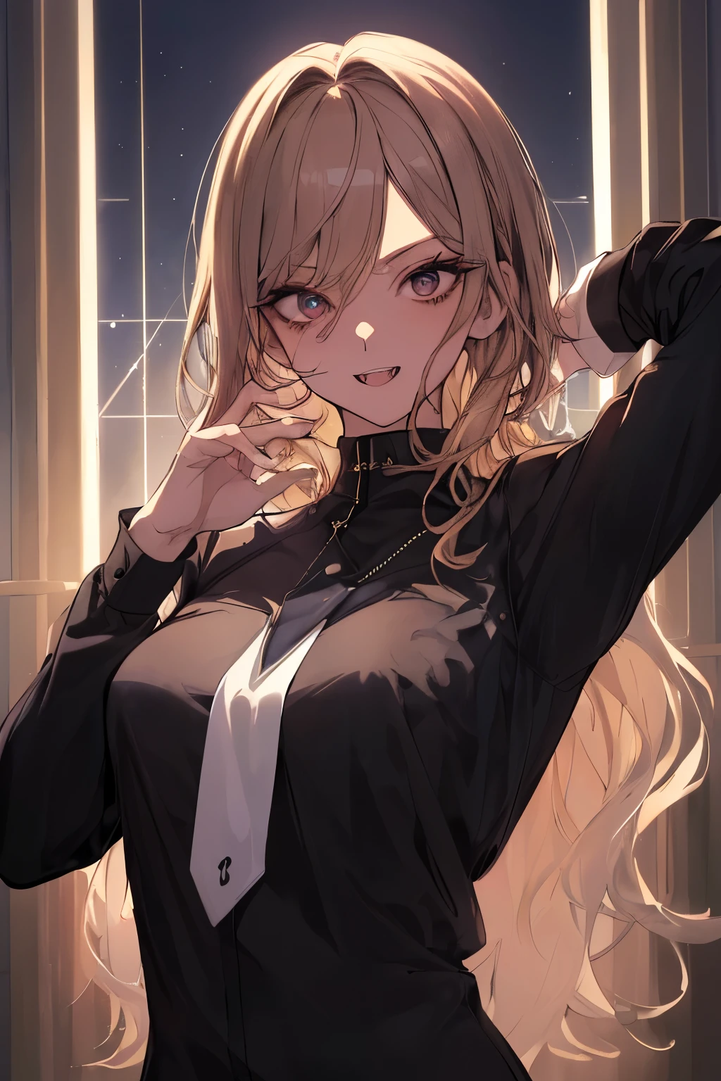 (​masterpiece、top-quality、absurderes)、 27-year-old adult female、Detailed pupil glow、short, twitchy blonde wavy hair，Long bangs，dark brown eyes, Lower lashes、High Neck Black Shirt，Contre-Jour，suggestive，fully figured, extremely sharp teeth with a creepy smile, awkward