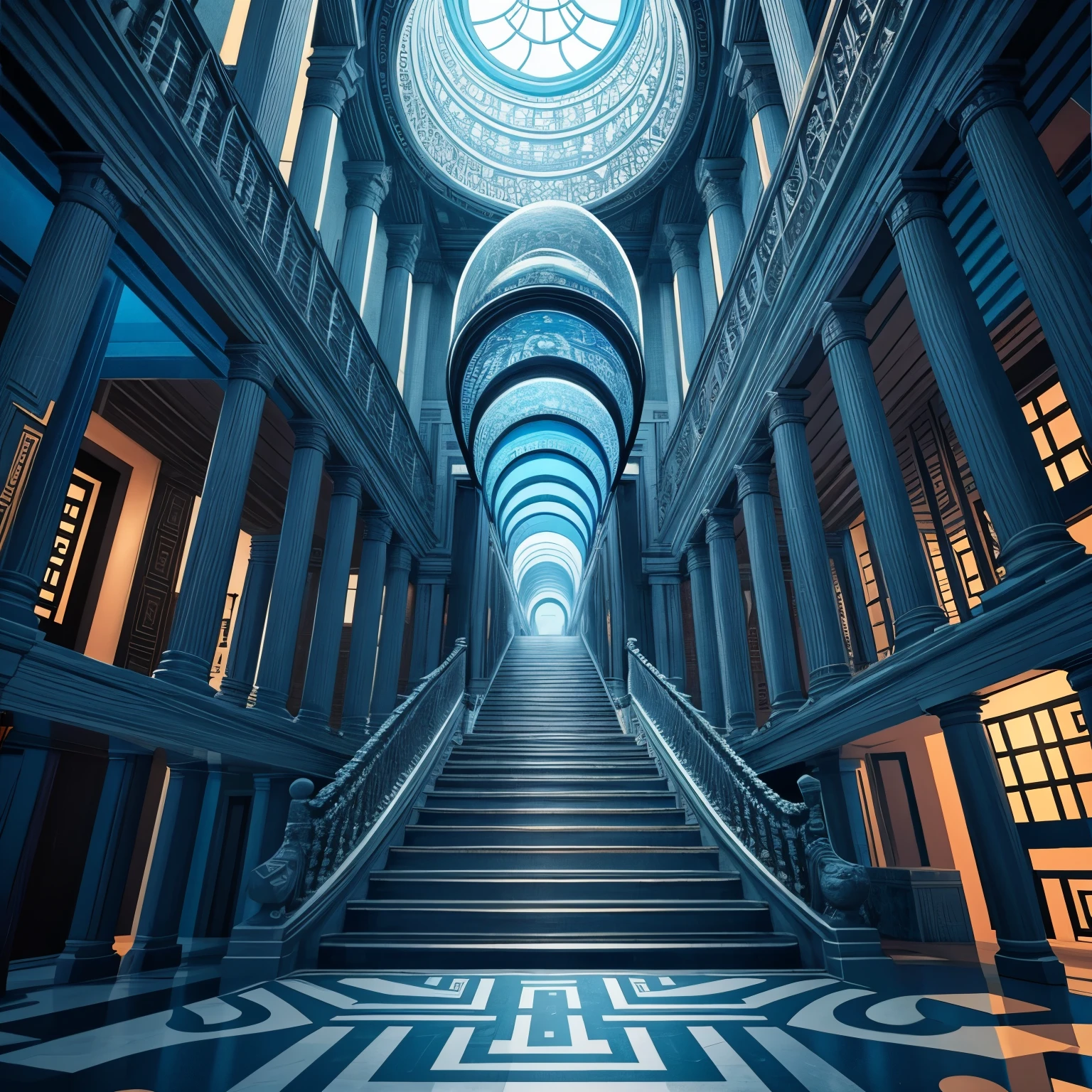 very detailed、masterpiece、highest quality、escher style、labyrinth、multiple paths、divergent story、escher style、complex lines、fantastic perspective、Bright colors、contrasted colors、maze、bright lighting、Mysterious world