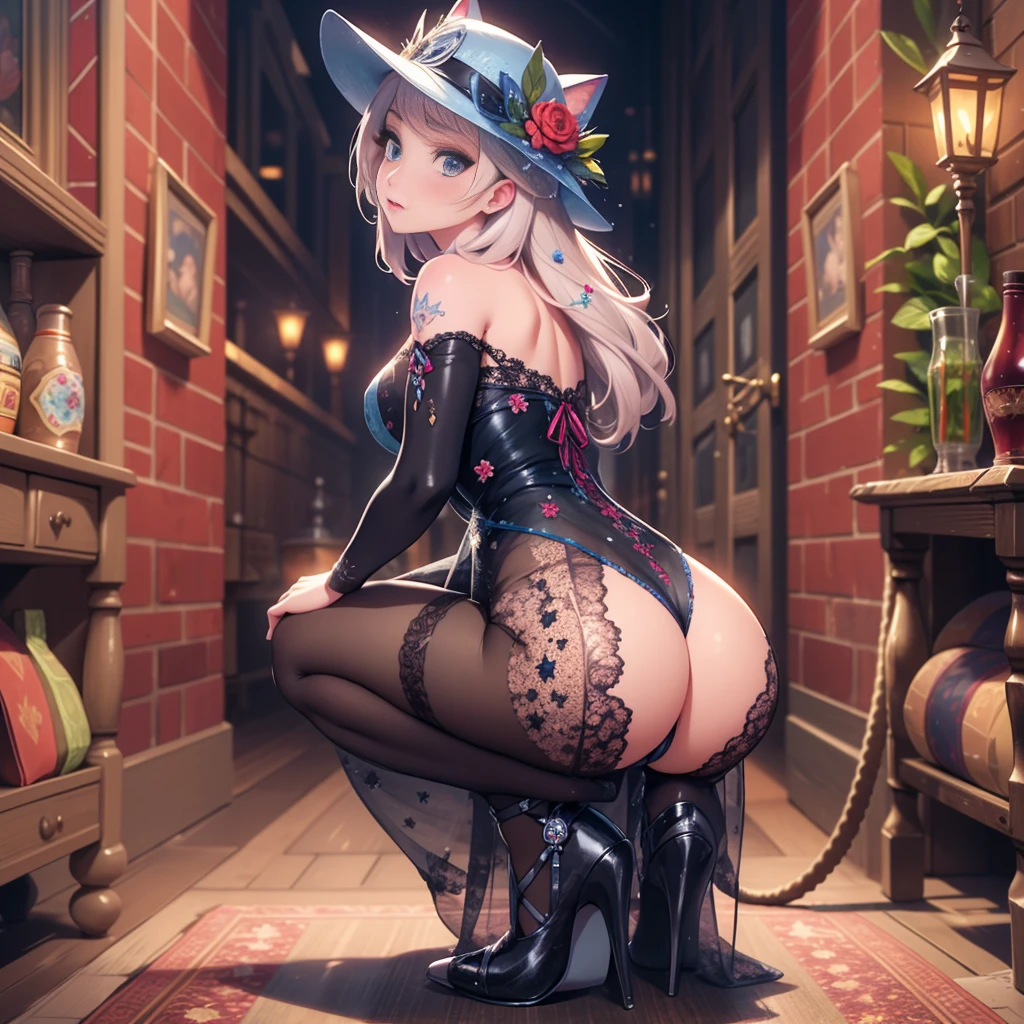 NSFW,Best possible quality, high resolution 8k,under the moonlight,night city,night street,most Beautiful woman with a dress and hat ,elsa from frozen,cat pose on tank,squatting on all four,all four on ground, tanned skin, fine hat, elegant,fantasy Victorian art, Victorian inspired science fiction, steampunk fantasy style, steampunk fantasy, Miss Aniela, Victorian lady, Victorian tank, Victorian style costume, intricate Victorian dress, Victorian inspired clothing, League holder, fine art fashion photography, steampunk fiction, steampunk aesthetic, fantasy genre portrait, fine art fashion magazine style,BREAK,only underwear ,white underwear, BREAK, FROM BEHIND, FROM BELLOW