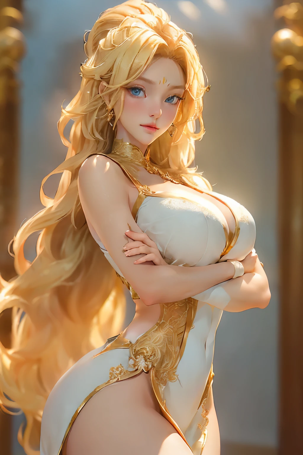 (A goddess in golden light, Blonde tresses cascading down, Gigantic breasts with cleavage deep and might, Small waist elegant and tight, Thigh-high stockings with fine, sheer white, RAW photo in best quality, Realistic and hyper-detailed, Illustration of divine beauty, Masterpiece of artistry, Ultra-detailed and exquisite, Goddess's face, radiant and fair, Blue eyes shining bright, Ulzzang-6500:1.0, Best quality and resolution, Fine details on every curve, Dynamic angle capturing essence, Golden aura of divinity, Long blonde hair catching sunbeams, Det