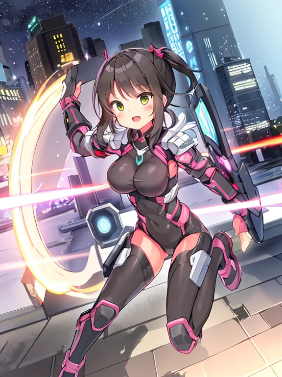 Extreme detail,masterpiece,futuristic city,girl with (energy shield):1.3,tight-fitting bodysuit,protecting herself from danger,using shield in battle,futuristic buildings,flying cars,shield growing brighter,repelling invader