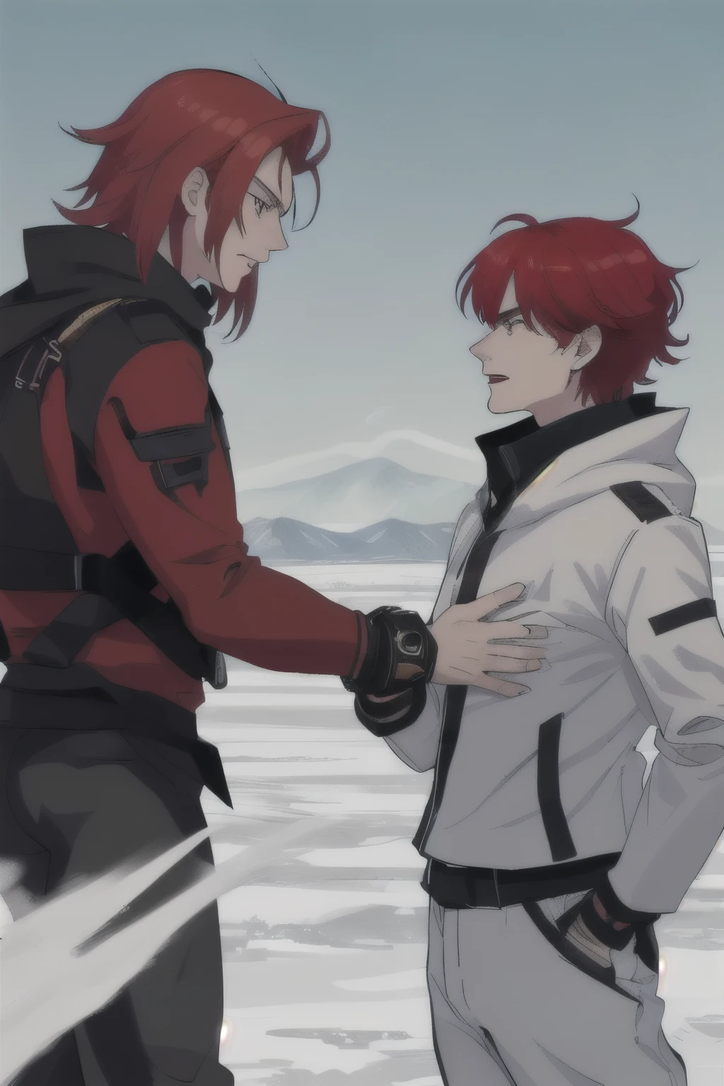 dois personagens masculinos, one with short white hair and the other with red hair pulled back in a desert facing each other with serious looks, where with a quick movement of hands, two characters shouting domain expansion create, two different plains, para cada um dos lados. de um lado, a plain of ice and snow, de outro, a plain of magma and fire.