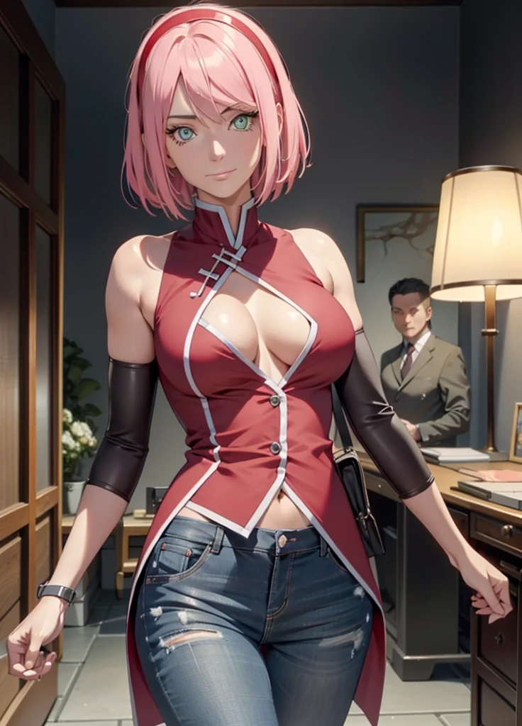，Kirschblütenwald, (Hohe Detailgenauigkeit:1 1), Raues Gesicht, natural skin, High quality, NSFW, Naruto Sakura，Ein rosahaariger，kurzes, detailliertes Haar，green eyes，（big :1.2），（Schulterfreie Kleidung:1.5），Auslaufen aus der Schulter，（smil:1.2），Rot im Gesicht sein，（Spaltung:1.4），sexy Figur，Perfect body，gorgeous eyes, (detailliertes Gesicht und Augen), (Das Gesicht: 1 2), Noises,extra, Echtes Foto, ..................PSD, Lampenfilm-Fotografie, Scharfer Fokus, Kontrastreiche Beleuchtung, Empfindliche Haut, High Resolution 8K, Wahnsinnige Details, realistisch, Professionelles Fotoshooting, 8K UHD, Spiegelreflexkamera, Sanfte Beleuchtung, High quality, filmgrain, Fujifilm XT3，Zauberei，Partikel-FX,sehr enges tanktop,sexy outfit,Breasts pressed together, red tanktop,bauchfrei,skinny jeans