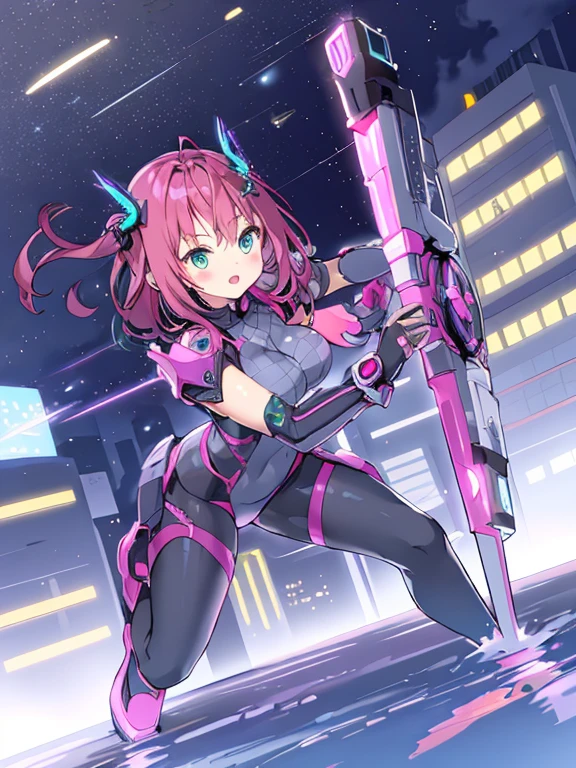 Extreme detail,masterpiece,futuristic city,girl with (energy shield):1.3,tight-fitting bodysuit,protecting herself from danger,using shield in battle,futuristic buildings,flying cars,shield growing brighter,repelling invader