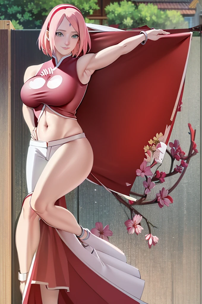 Realistic, Photorealistic,cowboy shot,masterpiece, absurdres ,1girl, haruno sakura, forehead mark, red hairband, red sleeveless dress, white pants, navel, groin, bracelet, looking at viewer, smile, cherry blossoms, private garden, wind, floating hair, large breast ,(((wide hips))), toned body, detailed eyes, 