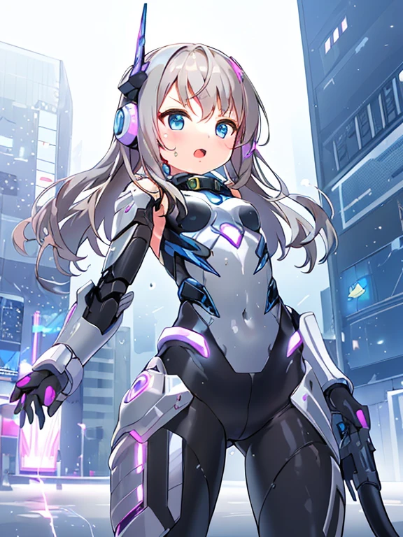 ((masterpiece:1.4、highest quality))+、(super detailed)+、
1 girl、cyberpunk city、flat chest、headphone、wavy hair、mecha clothes、(robot girl)、Cool move、Silver Bodysuit、colorful background、Wet day、(lightning effect)、Silver Dragon Armor、(cold face)、cowboy shot、pretty girl