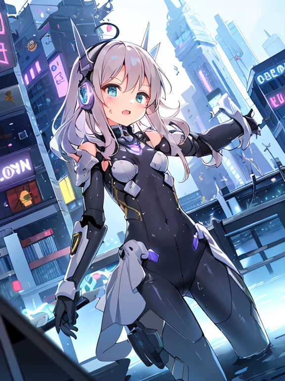 ((masterpiece:1.4、highest quality))+、(super detailed)+、
1 girl、cyberpunk city、flat chest、headphone、wavy hair、mecha clothes、(robot girl)、Cool move、Silver Bodysuit、colorful background、Wet day、(lightning effect)、Silver Dragon Armor、(cold face)、cowboy shot、pretty girl