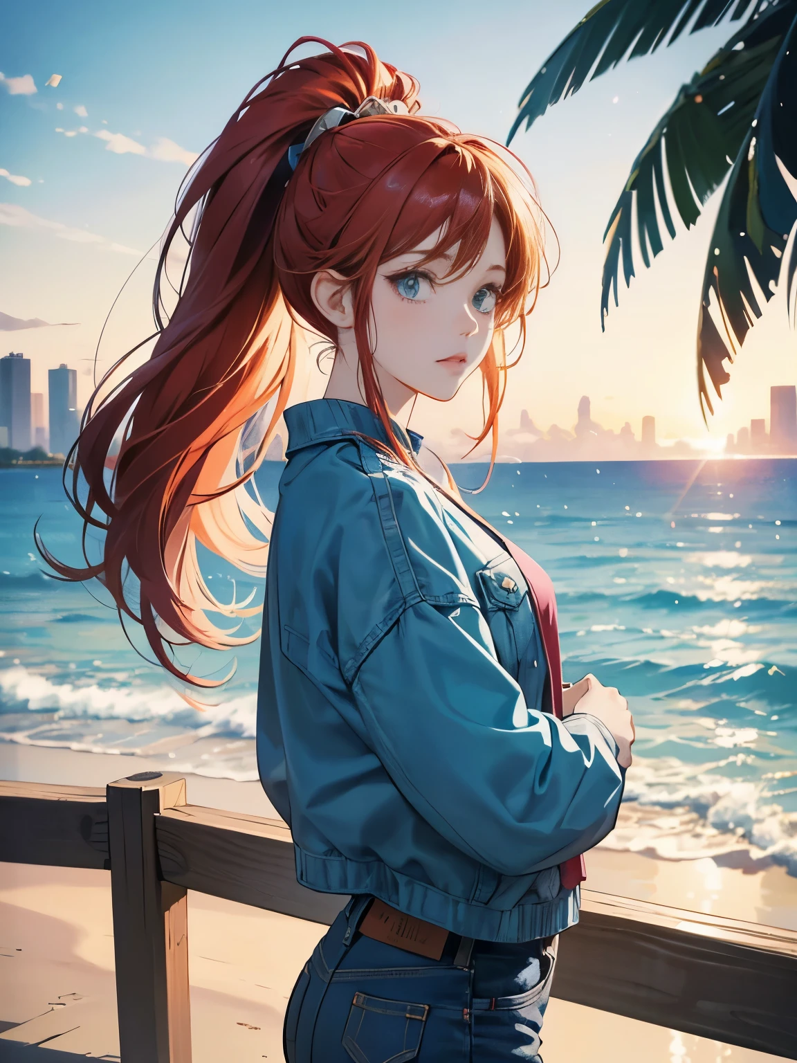 very colorful, pop feel, in.s. west coast, summer image, Palm tree, seaside, anime woman with orange ponytail, Around 25 years old, wearing a jacket, blue jeans, perfect tall model body, cool beauty, it will happen, Anime drawing by Yang J, Trending at Art station, realism, extremely detailed The germ of art, Realistic anime 3D style, anime style 4 k, モデルまin | The germ of art, anime style. 8K, casual clothes, realistic anime art style, style The germ of art, Tsundere girls, sad expression, The end of a summer love, The sparkling 80's, An eternal summer that never fades, sharp outline, highest quality, perfect angle, perfect composition, best shot, official art，CD jacket, 80s city pop, very stylish, Anime girl with red hair and blue jeans standing on the beach, an anime drawing inspired by Ross Tran, pixiv, fantasy art, anime style 4k, realistic anime art style, highly detailed art germ, attractive anime girl, beautiful anime girl, 4k anime wallpaper, anime art wallpaper 4k, anime art wallpaper 4k, anime wallpaper 4k
