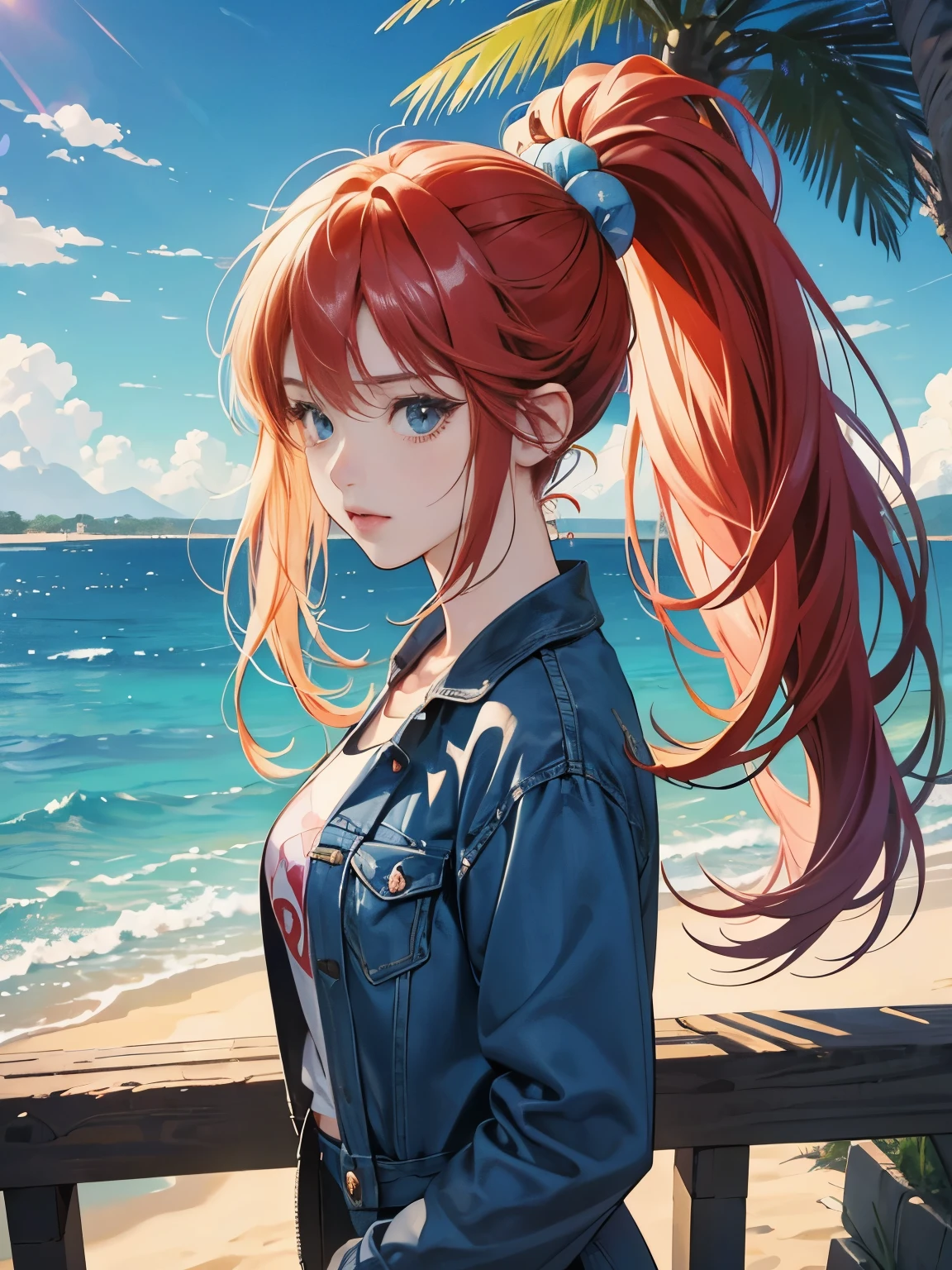 very colorful, pop feel, in.s. west coast, summer image, Palm tree, seaside, anime woman with orange ponytail, Around 25 years old, wearing a jacket, blue jeans, perfect tall model body, cool beauty, it will happen, Anime drawing by Yang J, Trending at Art station, realism, extremely detailed The germ of art, Realistic anime 3D style, anime style 4 k, モデルまin | The germ of art, anime style. 8K, casual clothes, realistic anime art style, style The germ of art, Tsundere girls, sad expression, The end of a summer love, The sparkling 80's, An eternal summer that never fades, sharp outline, highest quality, perfect angle, perfect composition, best shot, official art,CD jacket, 80s city pop, very stylish, Anime girl with red hair and blue jeans standing on the beach, an anime drawing inspired by Ross Tran, pixiv, fantasy art, anime style 4k, realistic anime art style, highly detailed art germ, attractive anime girl, beautiful anime girl, 4k anime wallpaper, anime art wallpaper 4k, anime art wallpaper 4k, anime wallpaper 4k