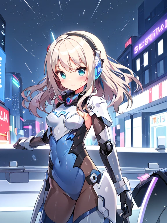 ((masterpiece:1.4、highest quality))+、(super detailed)+、
1 girl、cyberpunk city、flat chest、headphone、wavy hair、mecha clothes、(robot girl)、Cool move、Silver Bodysuit、colorful background、Wet day、(lightning effect)、Silver Dragon Armor、(cold face)、cowboy shot、pretty girl