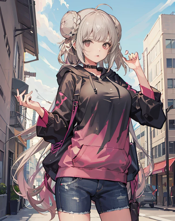 1 girl,(hoodie:1.3),big breasts, outdoor,street,building, cowboy shot,