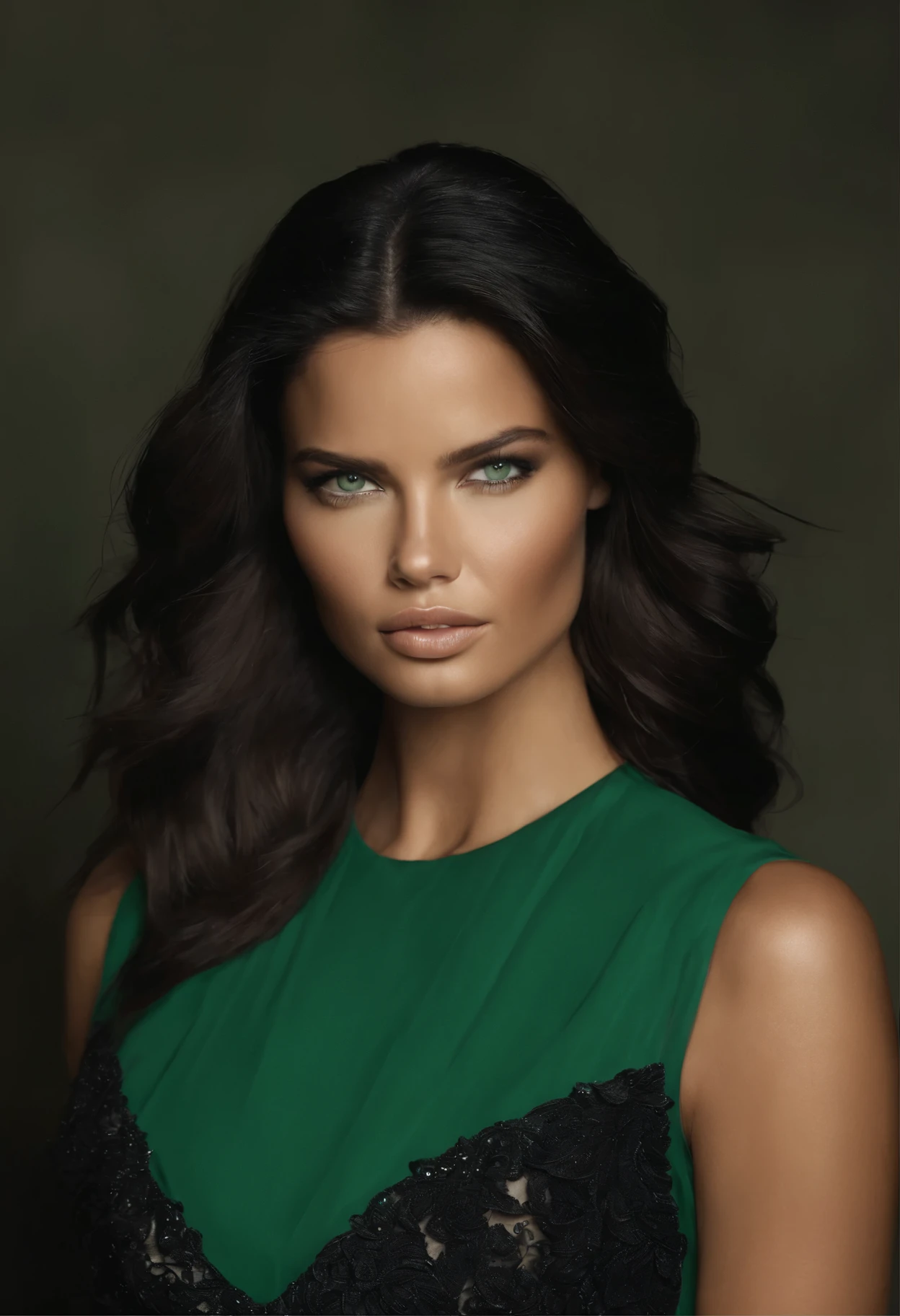 crie uma modelo realista parecida com a Adriana Lima com cabelos negros, olhos verdes,