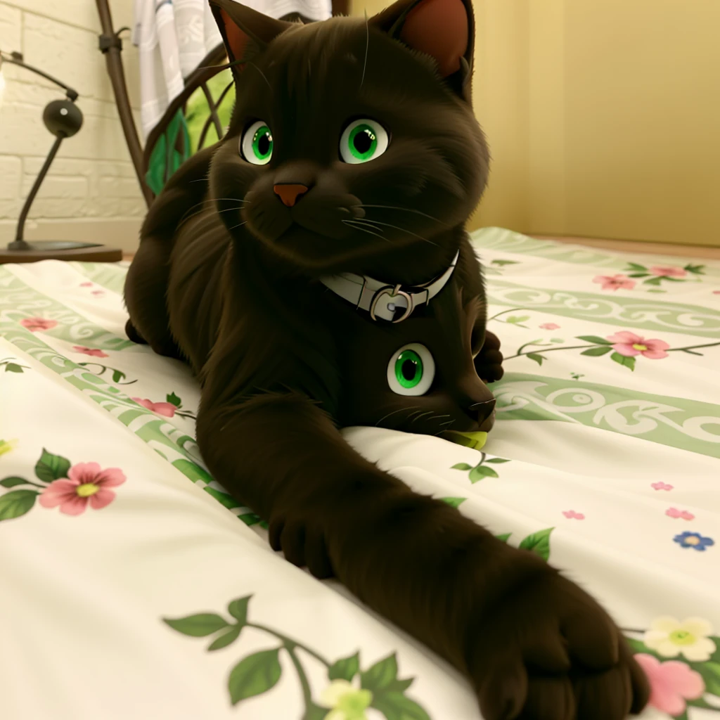 1girl, (Feminine), solo, naughty smile, masterpiece, room, bed, medieval, scenery, (female cat girl:1.2), ((Thin brown fur over skin)), cat tail, ((Beautiful ((black)) short hair)), green eyes, (Naked, showing pussy), ((high colors))