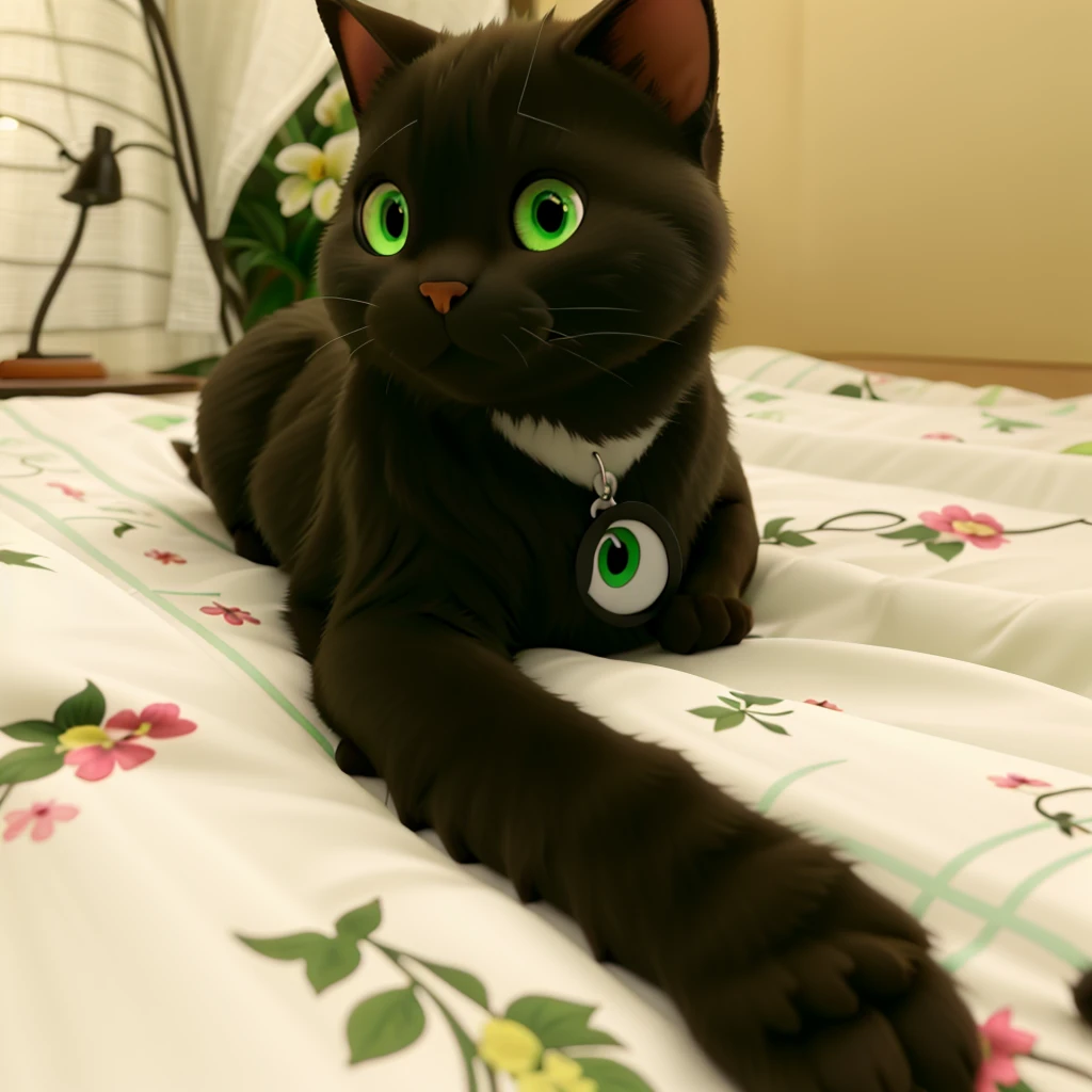 gato preto com olhos verdes deitado