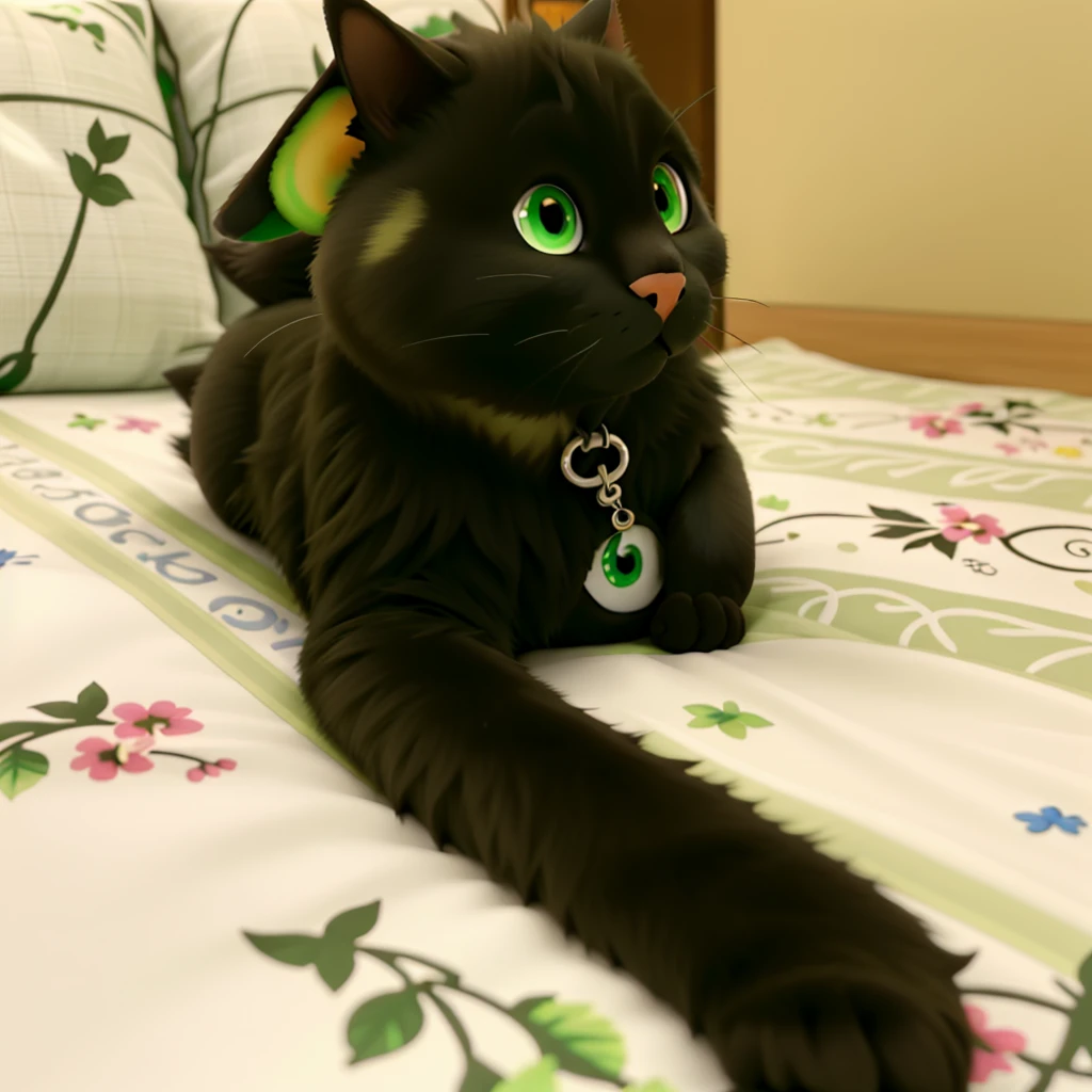 gato preto com olhos verdes deitado 