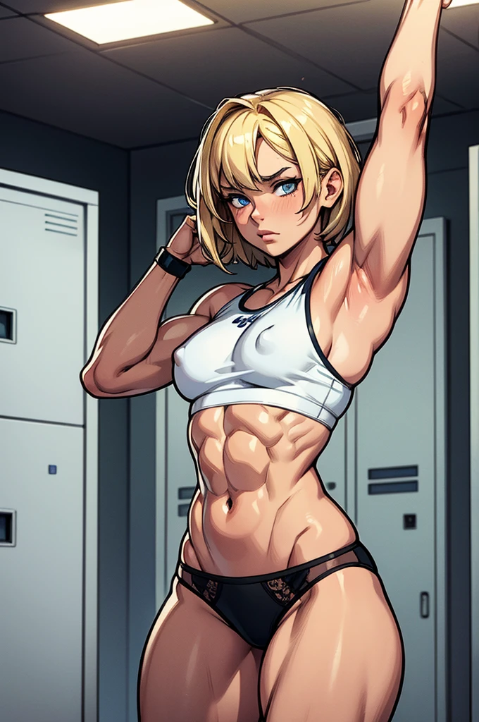 (masterpiece, high quality), 1girl, Caucasian, short blond hair, blue eyes, 12-years-old, gym locker room, (black panties), white crop top, strong arms, muscular thighs, ripped muscles, six pack abs, muscle arms, muscular, flat chest, hyper detailed, Intricate design, Luminous, 4K, 8K, Cinematic lighting, Contour lighting, bright, soft light