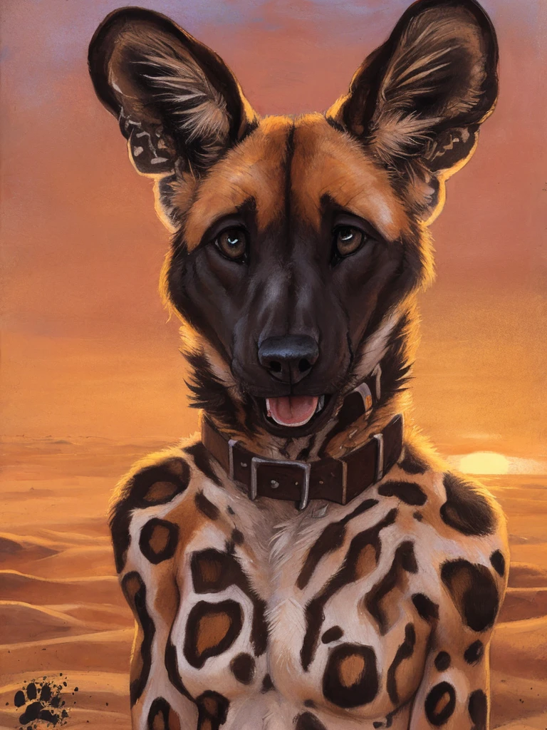 solo, (anthro:1.2), African Wild Dog, feminine body, submissive, panting, shy, male, shaggy fur, thick fur, tail, beautiful eyes, perfect eyes, symmetrical eyes, (black retinas:1.2), detailed background, sahara desert background, dusk, realistic, photorealistic, ultra realistic, 8k, (by blotch), beautiful setting sun, brown collar,
