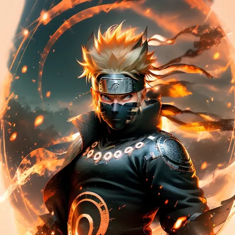 a captivating close-up portrait of uzumaki naruto, transformed into a ronin samurai, with unkempt sun-kissed hair, stern express...