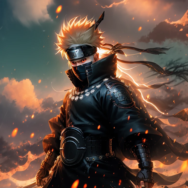 A captivating close-up portrait of Uzumaki Naruto, transformed into a Ronin Samurai, with unkempt sun-kissed hair, stern expression, and piercing eyes that exude a determined spirit. He wears traditional Japanese armor, adorned with intricate patterns and metallic sheen. The samurai chest plate is open, revealing a muscular physique, with a sword hanging from his waist. The background is minimalistic, allowing the samurai figure to take center stage. Realistic, 8k, Illustration, Digital Art, Concept Art, Hyperrealistic, bold and vibrant colors, high contrast, dramatic lighting, by Akira Y