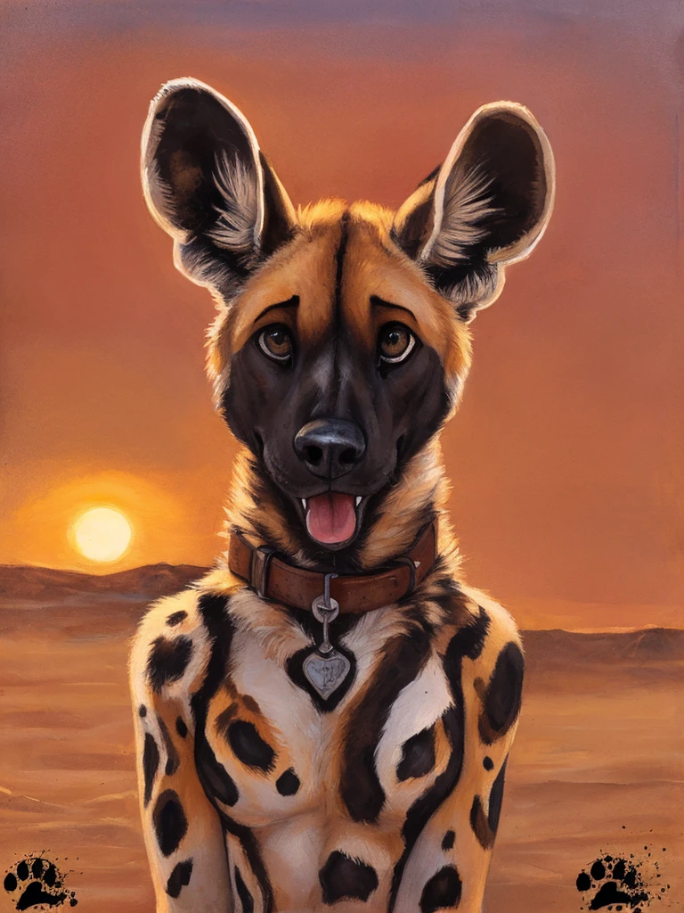 solo, (anthro:1.2), African Wild Dog, feminine body, submissive, panting, shy, male, shaggy fur, thick fur, tail, beautiful eyes, perfect eyes, symmetrical eyes, (black retinas:1.2), detailed background, sahara desert background, dusk, realistic, photorealistic, ultra realistic, 8k, (by blotch), beautiful setting sun, brown collar,