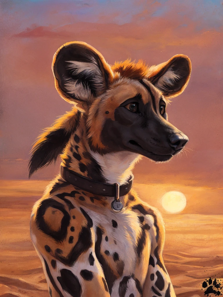 solo, (anthro:1.2), African Wild Dog, feminine body, submissive, panting, shy, male, shaggy fur, thick fur, tail, beautiful eyes, perfect eyes, symmetrical eyes, (black retinas:1.2), detailed background, sahara desert background, dusk, realistic, photorealistic, ultra realistic, 8k, (by blotch), beautiful setting sun, brown collar,