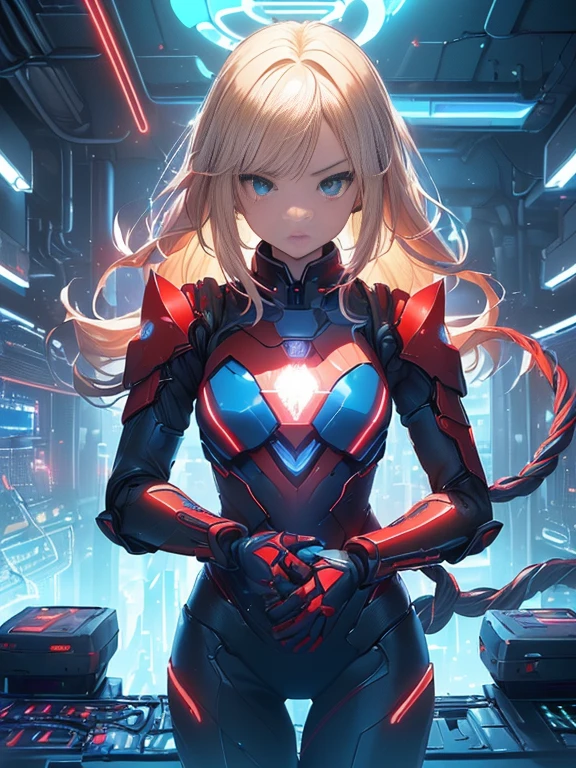 最high quality、best image quality、masterpiece、Android Girl((18-year-old、red, Black and blue glowing cybersuit、Blue energy source for the chest,vest bust、bust 90、Blonde Away Tail、bluish green eyes、open your chest wide、valley、happiness、Slender、Warlike face、Stand at the front、体全体にCountless cables接続、particles of light、Sharp claw arm))high quality、beautiful art、With background((research facility、Cooling system、Frozen capsules、Neon color、Cyberworld、cold、Countless cables、Enemy Android))、table top、elaborate design、visual art、