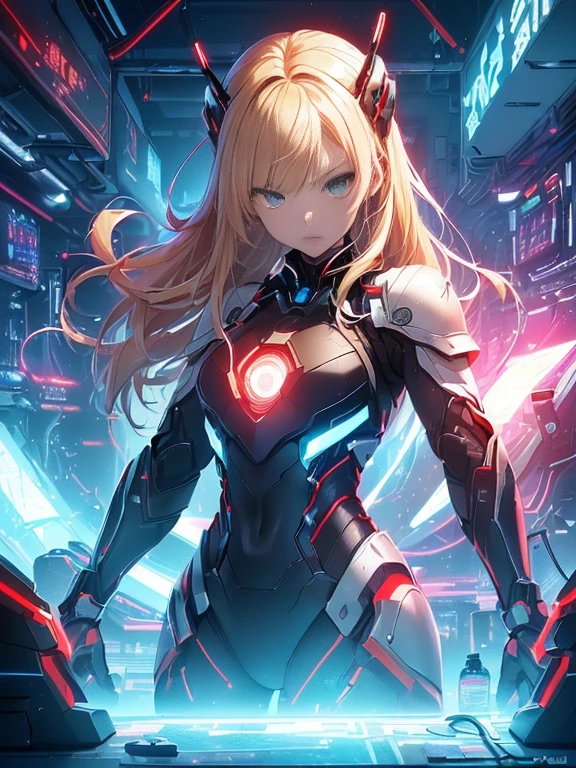 最high quality、best image quality、masterpiece、Android Girl((18-year-old、red, Black and blue glowing cybersuit、Blue energy source for the chest,vest bust、bust 90、Blonde Away Tail、bluish green eyes、open your chest wide、valley、happiness、Slender、Warlike face、Stand at the front、体全体にCountless cables接続、particles of light、Sharp claw arm)）high quality、beautiful art、With background((research facility、Cooling system、Frozen capsules、Neon color、Cyberworld、cold、Countless cables、Enemy Android))、table top、elaborate design、visual art、