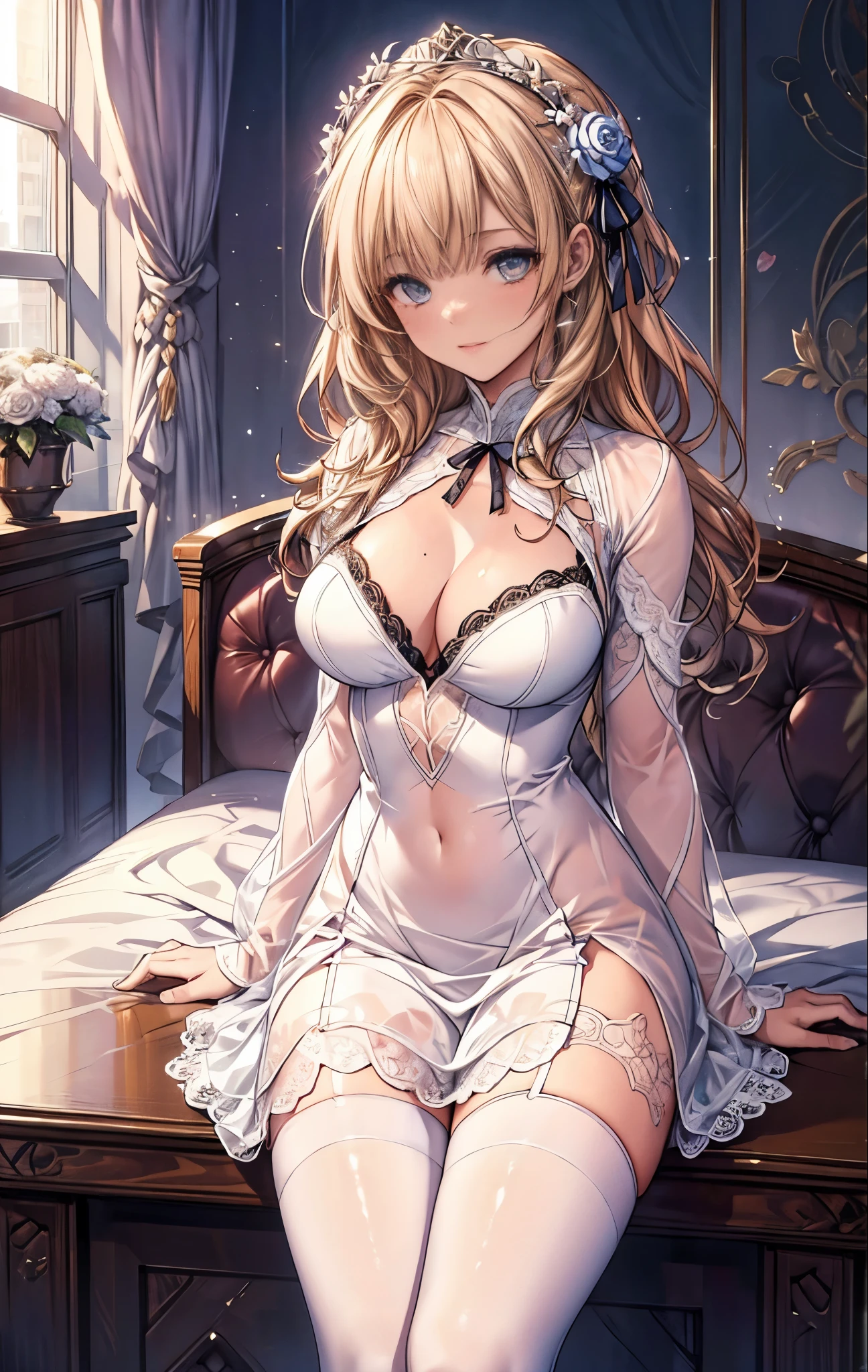 {{masterpiece}},best quality,Highly detailed CG Unity 8K wallpaper,One woman,movie lighting,lens flare glow,
perfect style, perfect body, Floral lace, cute flare mini dress, mini dress with ribbon, emphasize the chest, shiny thighs, costume with lace, The luxurious interior of a high-class brothel, white rose flower, Lace white stockings,