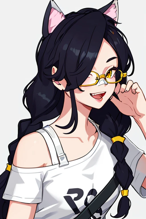 Erisa, 1girl, solo, long hair, looking at viewer, black hair, bandaid on face, yellow eyes, animal ears, smile, bandaid on nose, braid, cat ears, bandaid, bangs, breasts, fake animal ears, simple background, open mouth, fang, , bare shoulders, scar, teeth, shirt, tight shirt, bare shoulders, white shirt, short sleeves, closed mouth, t-shirt, hair over one eye, portrait, bag, hair over shoulder, shorts, skin tight outfit, seductive, glasses, realistic, best quality, masterpiece, ultra detail, ultra high res, extreme detail, 8k