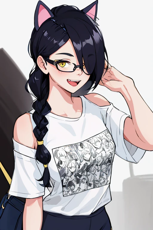 Erisa, 1girl, solo, long hair, looking at viewer, black hair, bandaid on face, yellow eyes, animal ears, smile, bandaid on nose, braid, cat ears, bandaid, bangs, breasts, fake animal ears, simple background, open mouth, fang, , bare shoulders, scar, teeth, shirt, tight shirt, bare shoulders, white shirt, short sleeves, closed mouth, t-shirt, hair over one eye, portrait, bag, hair over shoulder, shorts, skin tight outfit, seductive, glasses, realistic, best quality, masterpiece, ultra detail, ultra high res, extreme detail, 8k