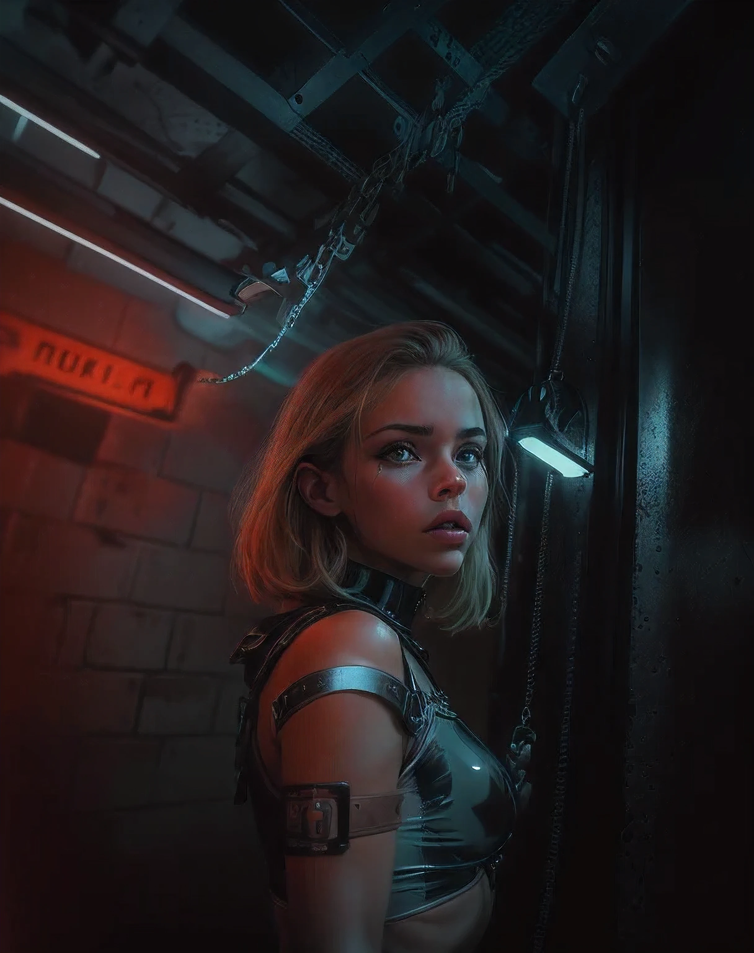 analogue photo, BDSM scene, young blonde woman, (((big ))), young man, (muscle), ((((dark minimalist dungeon)))), (neon lights red and green lights), (((((latex BDSM clothes))))), handcuffs, whip, supermodel, (((slave and master pose)), masterpiece, eye level, Kodak Funsaver, Porta 160, 20mm, bokeh, in the style of Nan Goldin, textured, distressed, ((vintage)), edgy, noisy, high contrast, ralistic, ultrarealistic, 4k, hyperreal, disturbing