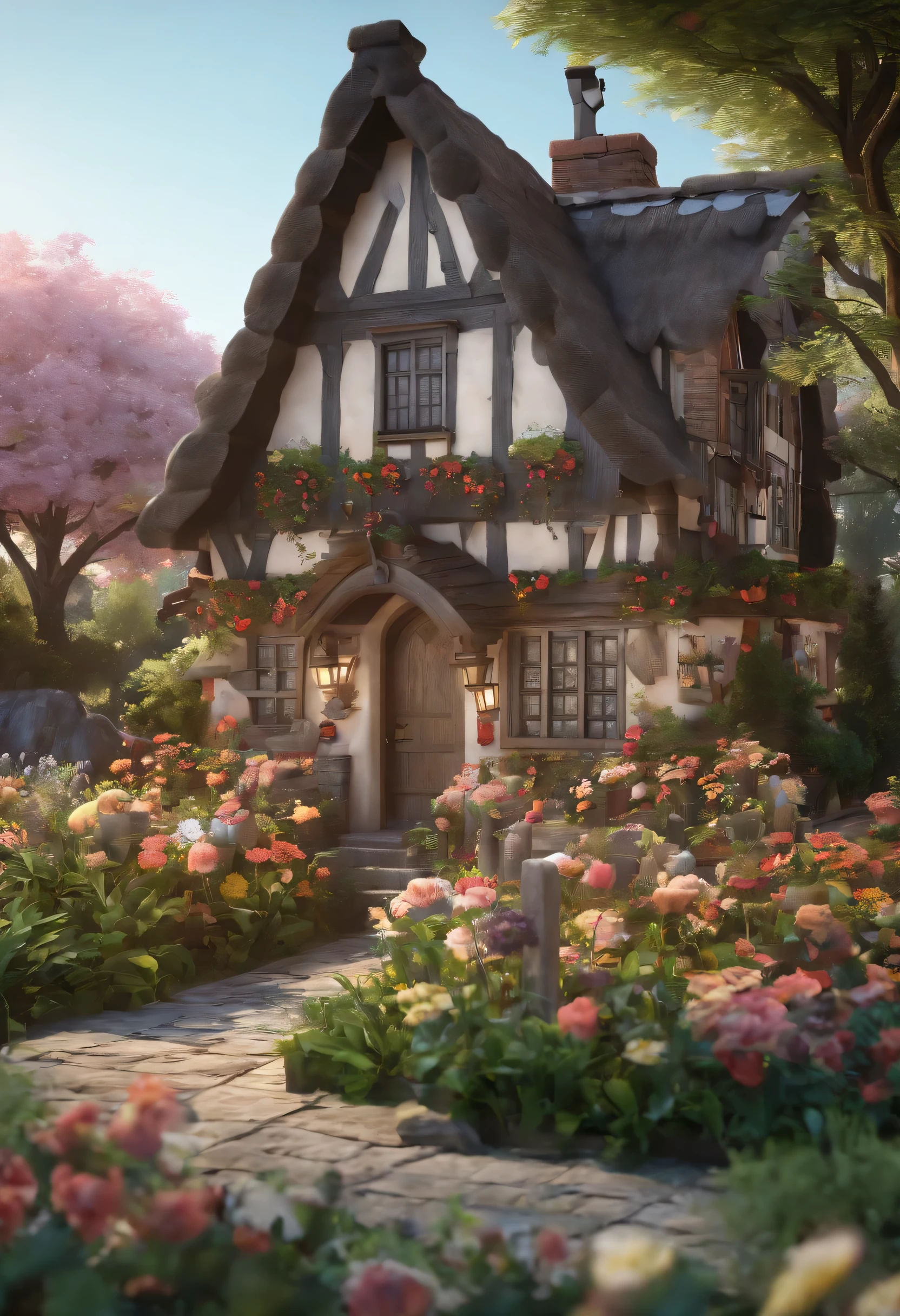 Elizabethan cottage scene . HOUSE FLOWER TREE LANDSCAPE COTTAGE HIGH DETAILS No colour. NO SHADOW GRAY BLACK HIGH CONTRAST