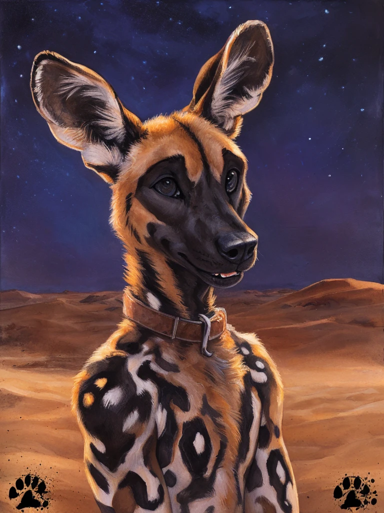 solo, (anthro:1.2), African Wild Dog, feminine body, submissive, panting, shy, male, shaggy fur, thick fur, tail, beautiful eyes, perfect eyes, symmetrical eyes, (black retinas:1.2), detailed background, sahara desert background, realistic, photorealistic, ultra realistic, 8k, (by blotch), nighttime, brown collar,