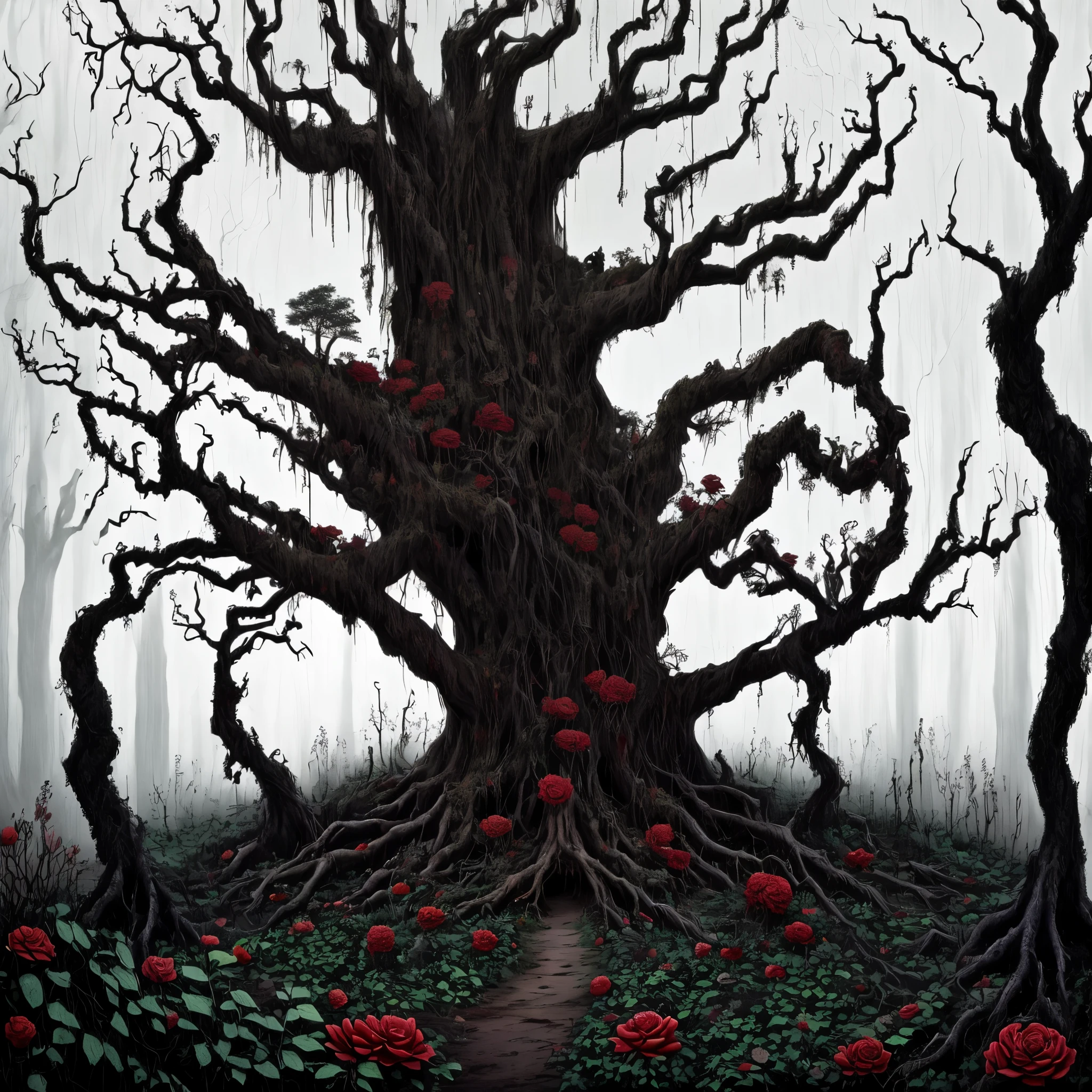 A monster tree, a scary tree, a red-eyed tree, a dead tree, a tree with claws in the fog, a rotten tree with long arms, a dead forest, a dead garden, withered flowers, dense thickets below, swampy soil, stunted flowers, dry roses, creepy red eyes on the bark of a tree