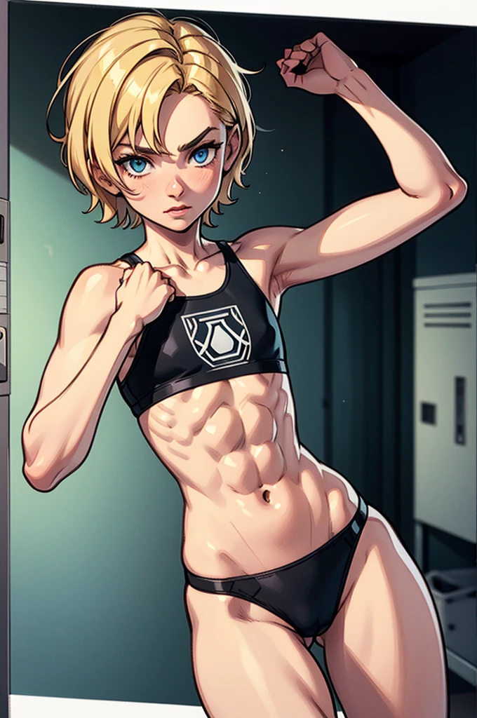 (masterpiece, high quality), 1girl, Caucasian, tomboy, short blond hair, blue eyes, 16-years-old, gym locker room, (black panties), white crop top, strong arms, muscular thighs, ripped muscles, six pack abs, muscle arms, muscular, flat chest, hyper detailed, Intricate design, Luminous, 4K, 8K, Cinematic lighting, Contour lighting, bright, soft light