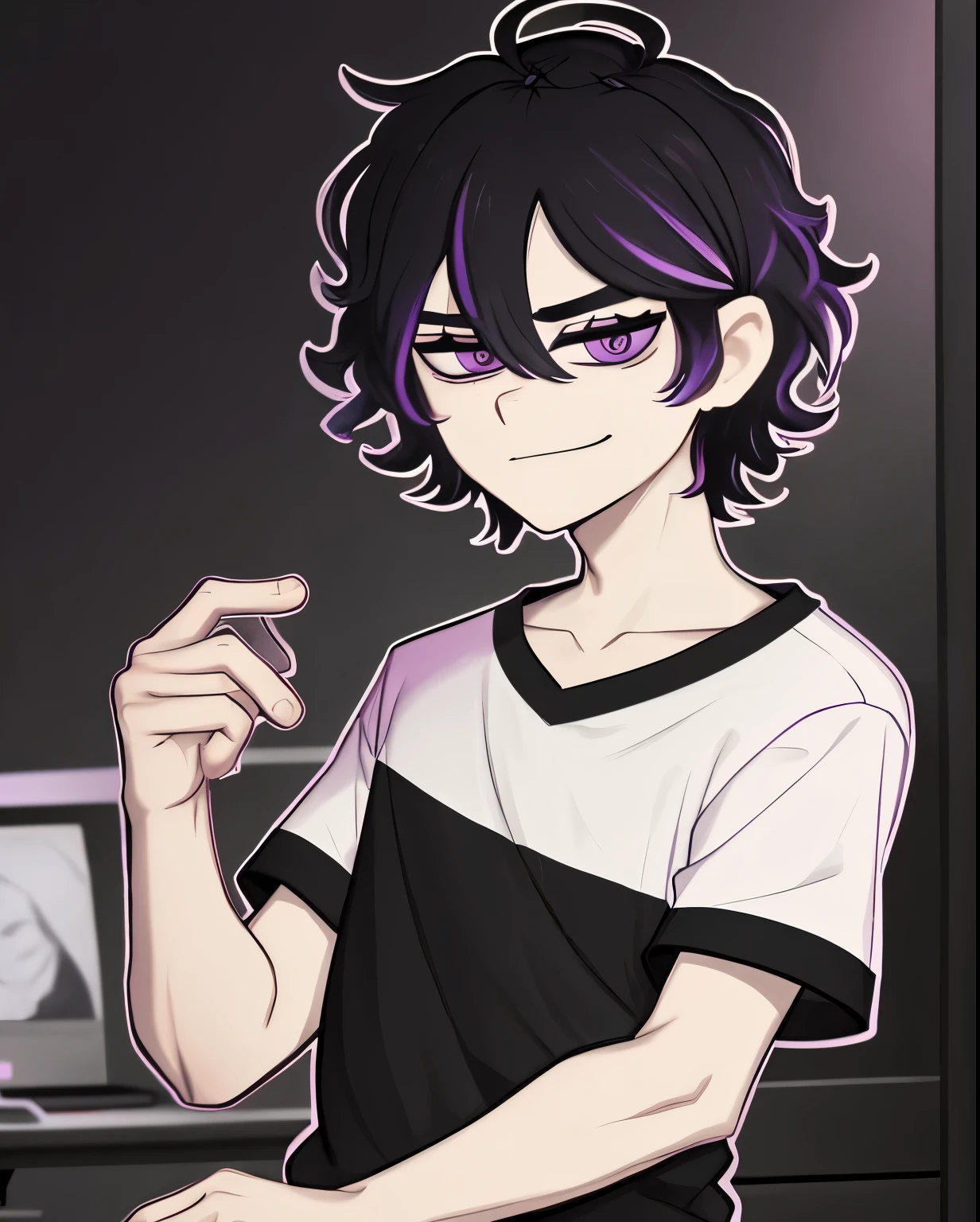 monochrome,tcoaal, solo, looking at viewer, short hair, shirt, 1boy, hair between eyes, closed mouth,black hair,  purple eyes, upper body, ahoge, short sleeves, male focus, black background, messy hair, bright pupils, outline, white pupils, purple shirt, white outline, smiling