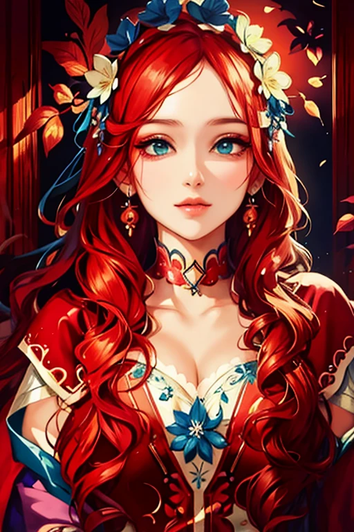 a woman with long red hair wearing a flower crown, detailed digital anime art, fantasy art style, beautiful character painting, beautiful anime portrait, fantasy style art, beautiful fantasy art portrait, anime fantasy illustration, cute detailed digital art, artgerm. anime illustration, artwork in the style of guweiz, extremely detailed artgerm, rossdraws portrait, beautiful fantasy portrait