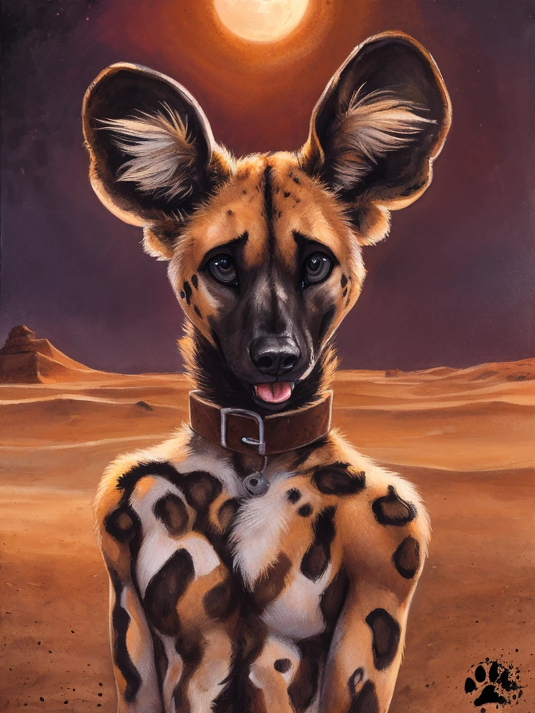 solo, (anthro:1.2), African Wild Dog, feminine body, submissive, panting, shy, male, shaggy fur, thick fur, tail, beautiful eyes, perfect eyes, symmetrical eyes, (black retinas:1.2), detailed background, sahara desert background, realistic, photorealistic, ultra realistic, 8k, (by blotch), nighttime, brown collar,