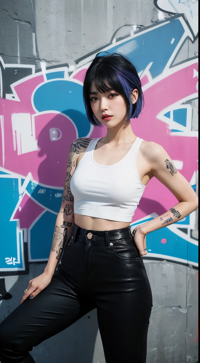 best quality, Clarity, 4k, 8k, detail, actual, Beautiful Girl, Korean makeup, black lips, pink and blue mullet haircut, Perfect body, full yakuza tattoo on body, stand, pose standing, medium chest, tank top, black legging Pants, Solid graffiti wall background, Graffiti art,
