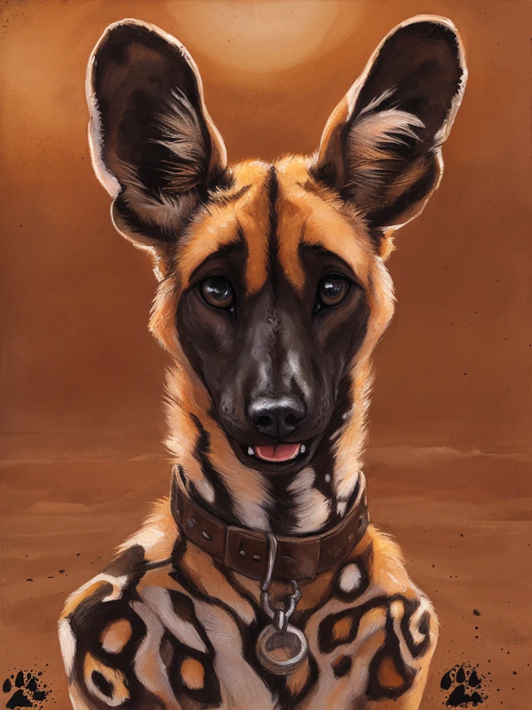 solo, (anthro:1.2), African Wild Dog, feminine body, submissive, panting, shy, male, shaggy fur, thick fur, tail, beautiful eyes, perfect eyes, symmetrical eyes, (black retinas:1.2), detailed background, sahara desert background, realistic, photorealistic, ultra realistic, 8k, (by blotch), nighttime, brown collar,