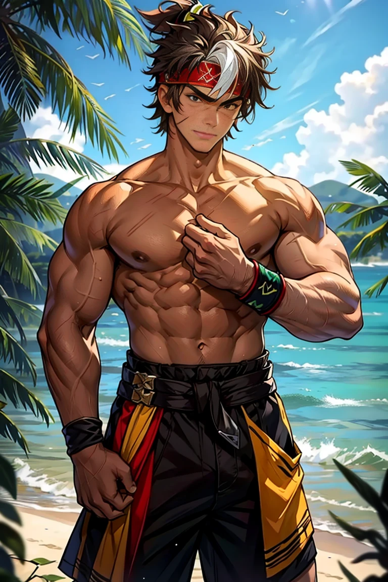 (Masterpiece, Best quality 16 year old boy，Shota), solo, Young, boy, Dark Short hair, full bodyesbian, Shirtless, babyface, topless, green headband, Vivid colors,(Depth of field:1.2),(Abs), view the viewer, black wristband, closed mouth, serious, topless male, pale tanned skin with tight muscler body, Man with martial arts stance, epic kung fu pose,