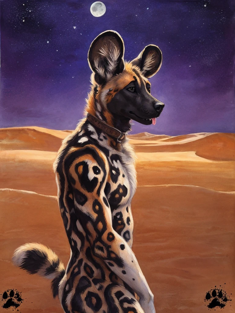 solo, (anthro:1.2), African Wild Dog, feminine body, submissive, panting, shy, male, shaggy fur, thick fur, tail, beautiful eyes, perfect eyes, symmetrical eyes, (black retinas:1.2), detailed background, sahara desert background, realistic, photorealistic, ultra realistic, 8k, (by blotch), nighttime, moon, stars, brown collar,